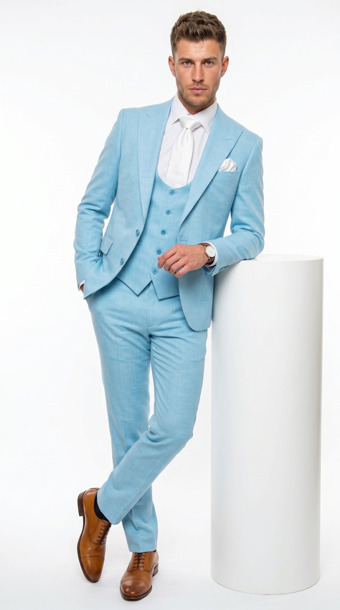 Men’s Turquoise Light blue Suit, Vested Formal Dress Suit for Weddings, Prom, Summer Parties, and Special Occasions in Aqua Blue Color By Rossiman