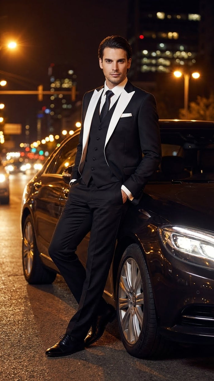 Mens Black and White Lapel Prom Tuxedo Suit  Black Vest  Black Pants Peak Lapel