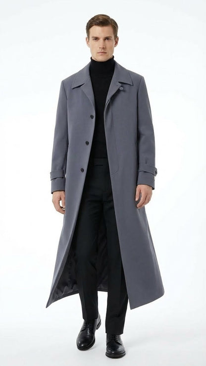 Mens Full-Length Charcoal Grey Overcoat  Premium Microfiber Blend Long Dress Coat for Winter and Formal Wear in Gray Color