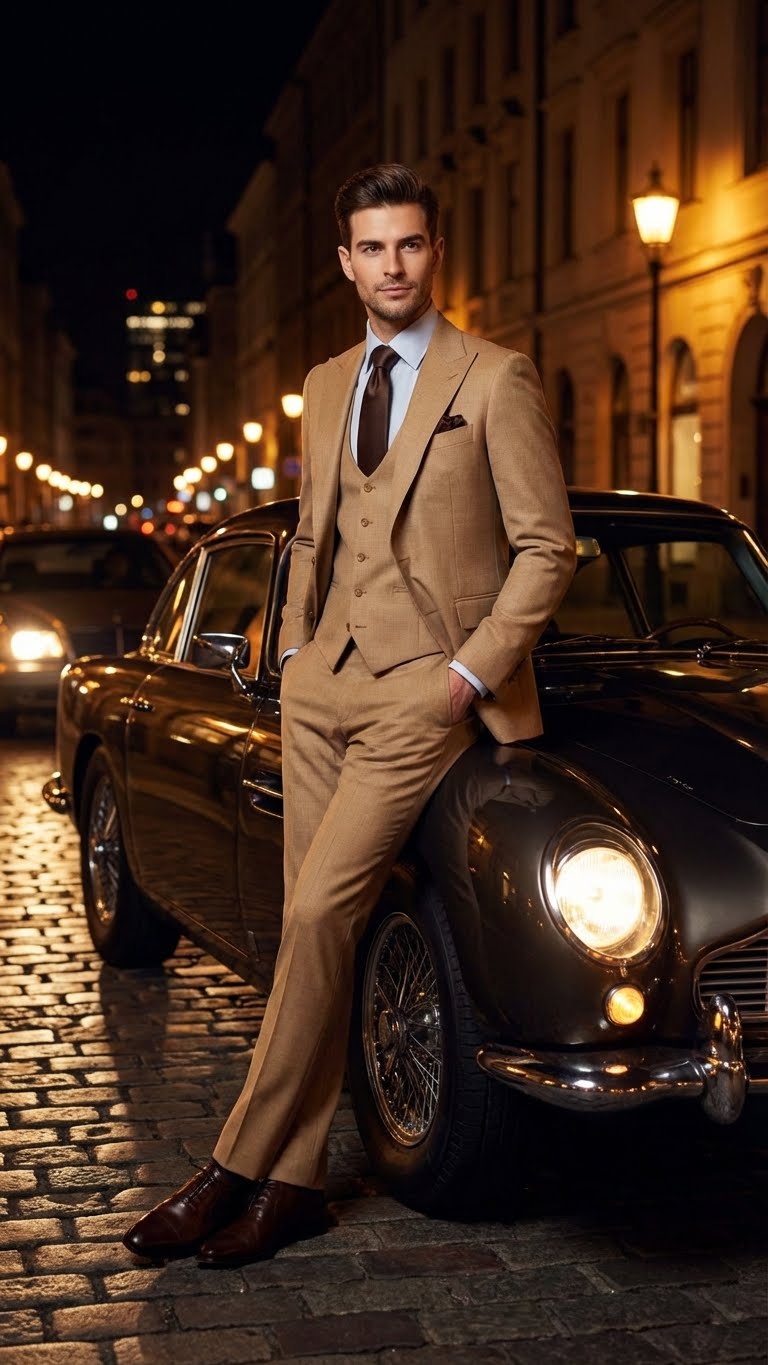 Men's Tan Three-Piece Suit with Vest  Classic Tailored Fit  in camel khaki Bronze color By Rossiman