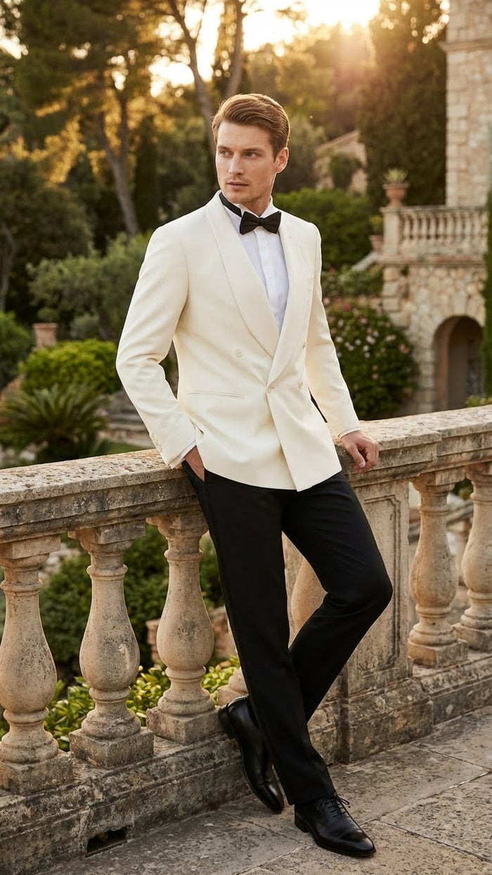 Mens Ivory Double-Breasted Shawl Lapel Tuxedo Jacket | Premium Formal Dinner Jacket for Weddings and Black-Tie Events