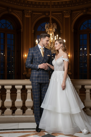 Mens Navy and Tan Windowpane Double-Breasted Suit | Classic 2-Piece Plaid Dress Suit, Business, and Formal Events By Rossiman