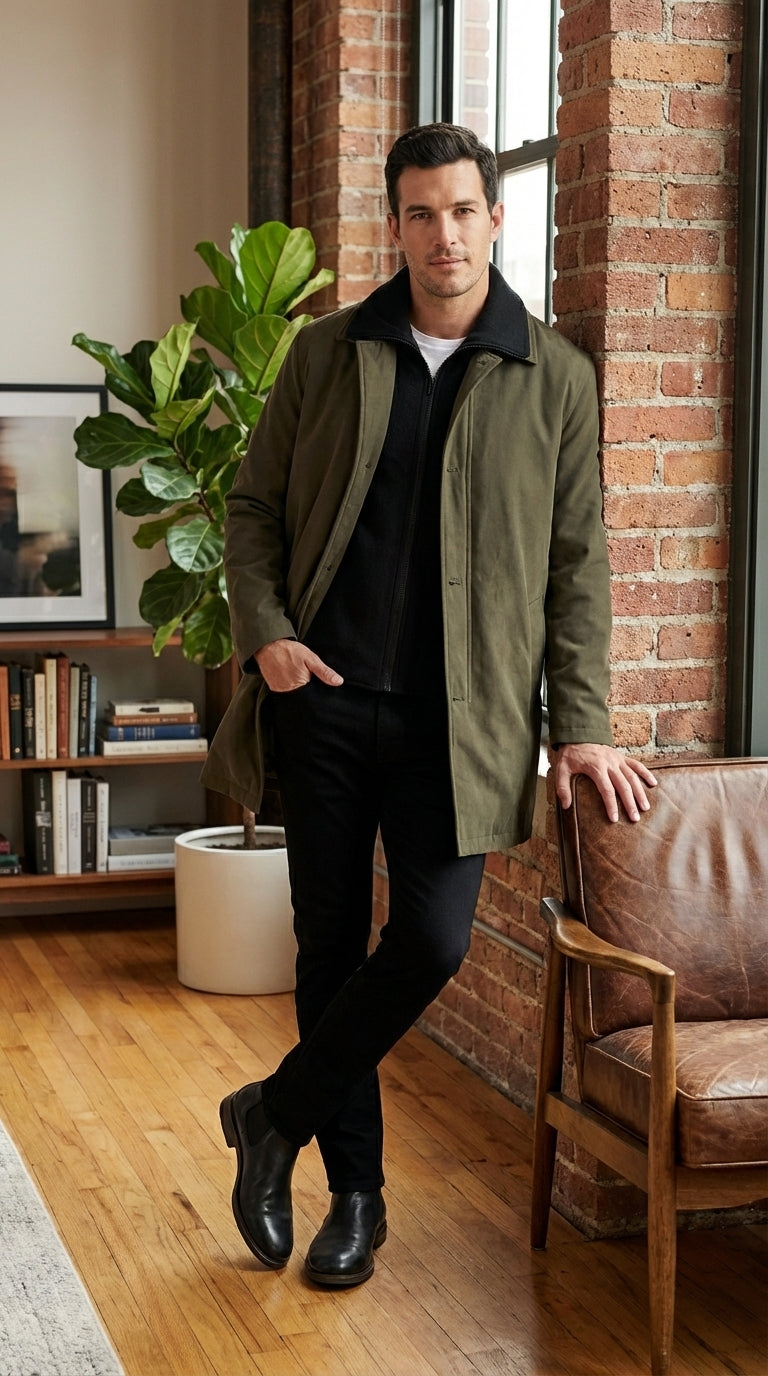 Mens Olive Brown Trench Coat Raincoat – Classic Water Resistant Long Coat with Zip and Button Closure for Business, Travel and Everyday Outerwear