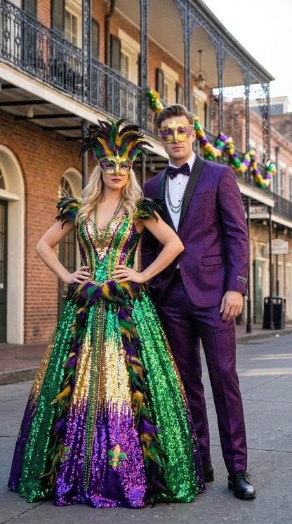 Mens Purple Shimmer Mardi Gras Suit with Black Satin Lapel – Shiny Metallic Formal Party and Carnival Suit Sequin Look