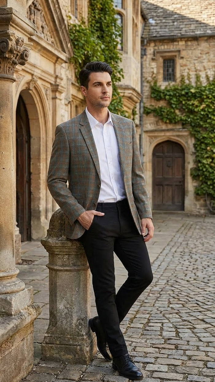 Mens Green Brown and Teal Plaid Sport Coat  Tailored Fit Check Blazer Jacket - Tartan Sportcoat
