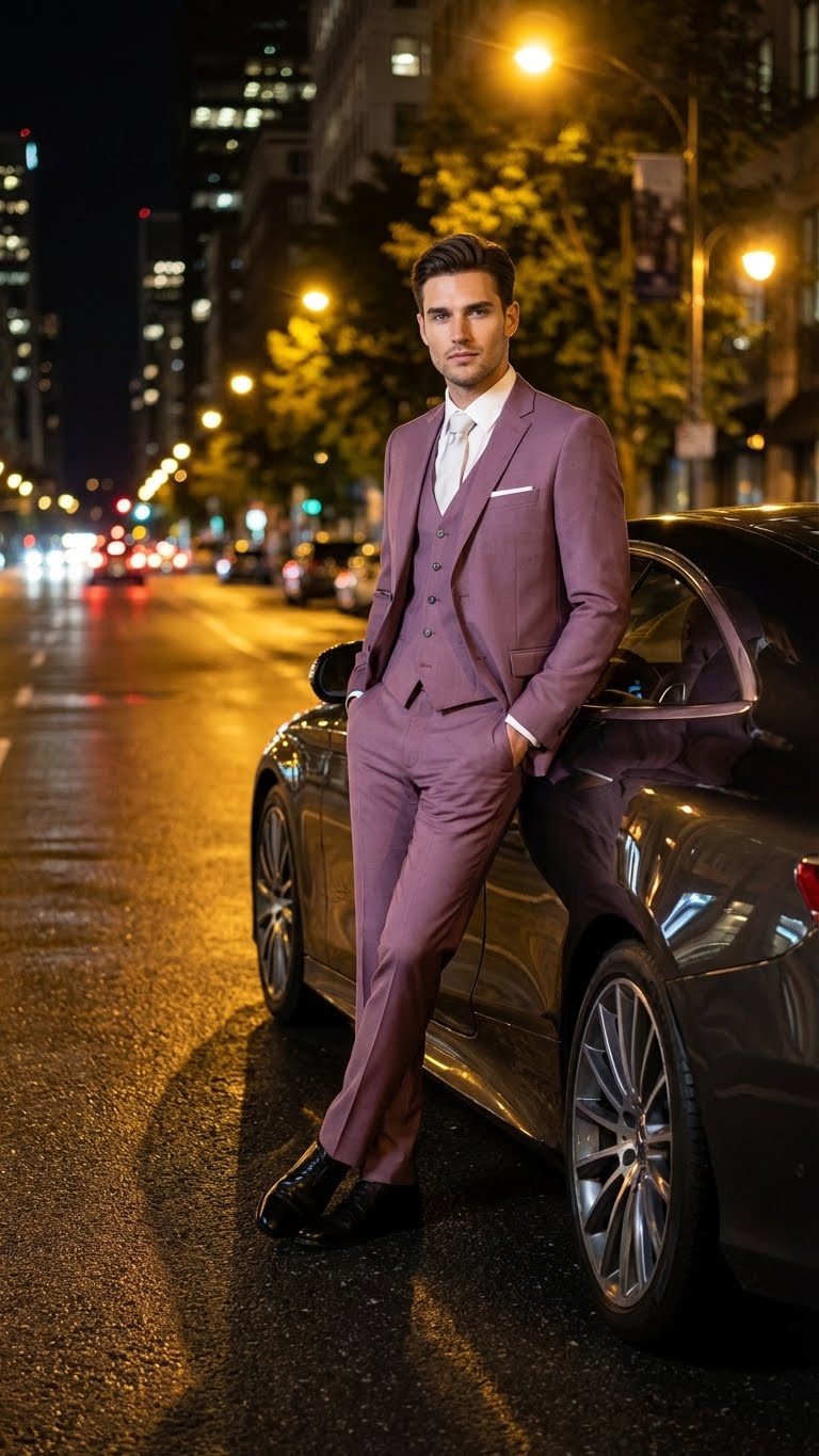 Mens Mauve Three-Piece Suit  Slim Fit Formal Blazer, Vest, and Trousers for Weddings Rose Gold Pinkish Color