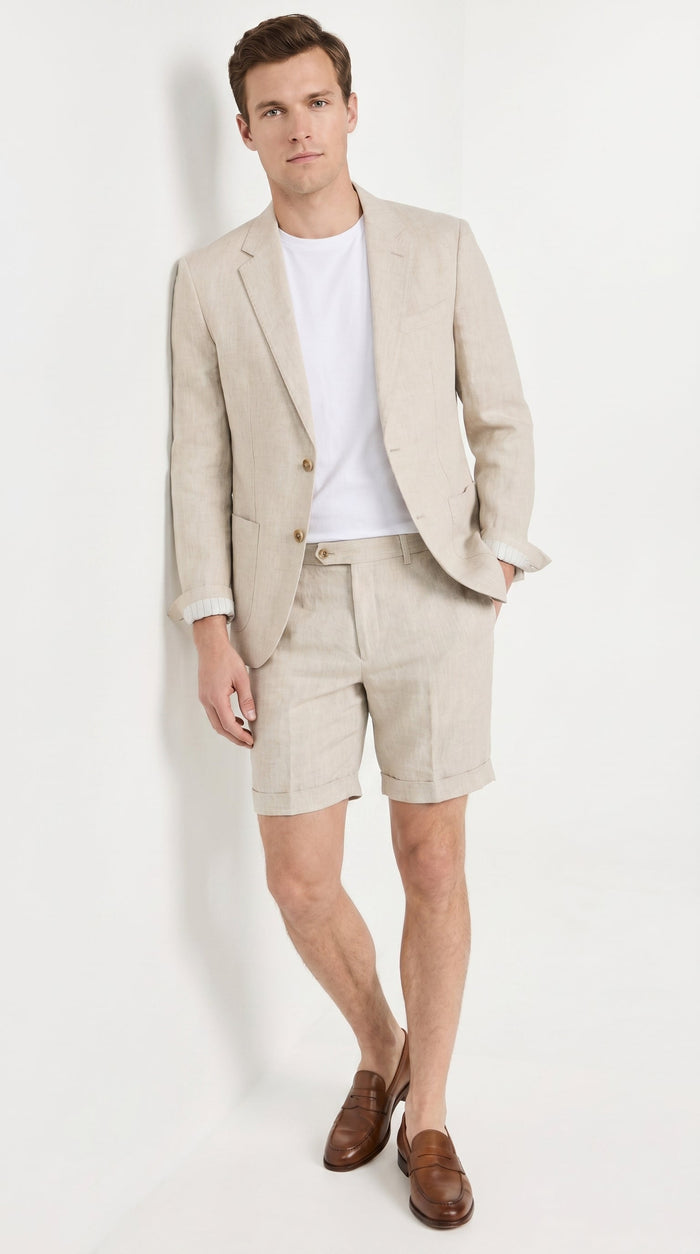 Men’s Tan Linen Suit with Shorts, 2 Piece Summer Short Suit, Casual Beach Wedding Outfit