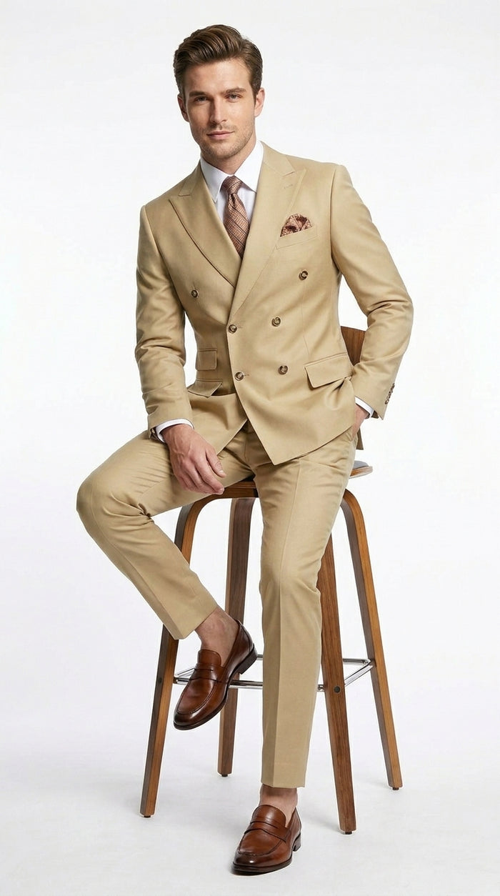 Mens Designer Modern Fit Double Breasted Designer Camel Gold Buttons Suit