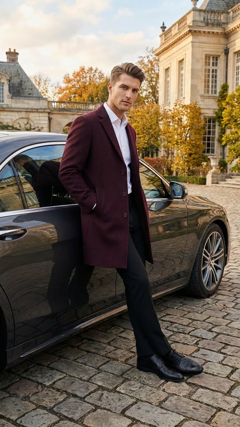 Mens Burgundy Mid-Length Overcoat  Classic Fit Wool Blend Dress Coat Three Quarter Carcoat Topcoat