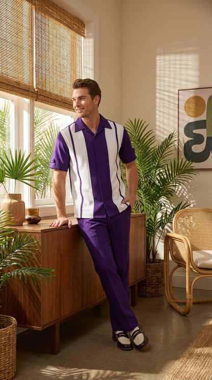 Men’s Purple and White Walking Suit – 2-Piece Short Sleeve Casual Leisure Outfit