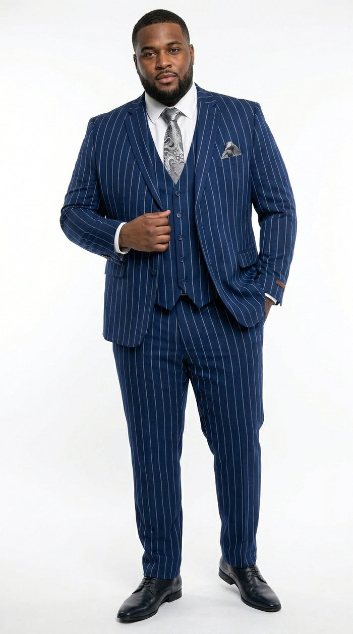 Men’s Navy Blue 1920s Gangster Stripe Vested Suit with White Pinstripes, 2 Button Dress Suit