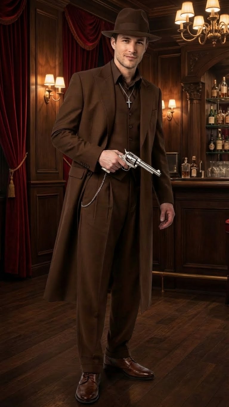 Mens Brown 1920s Zoot Suit  Long Gangster Mafia Suit Vintage Three-Piece Costume Set Pachuco Style
