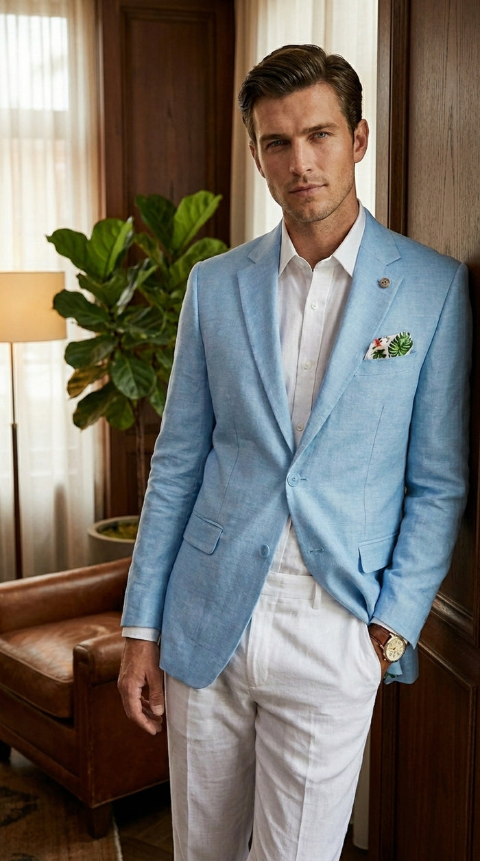 Men’s Sky Blue Linen Style Summer Blazer with Two Button Front, Lightweight Wedding Sport Coat