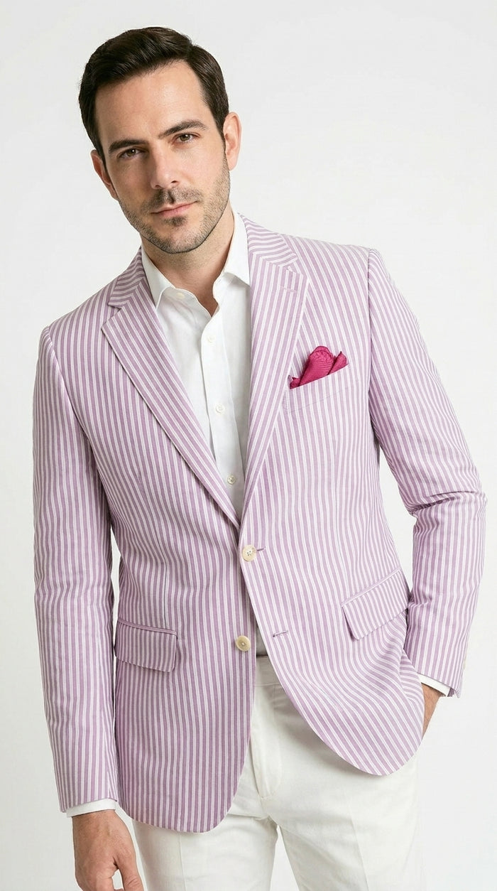 Men's Italian Lavender Seersucker Blazer Lightweight Summer Striped Suit Jacket
