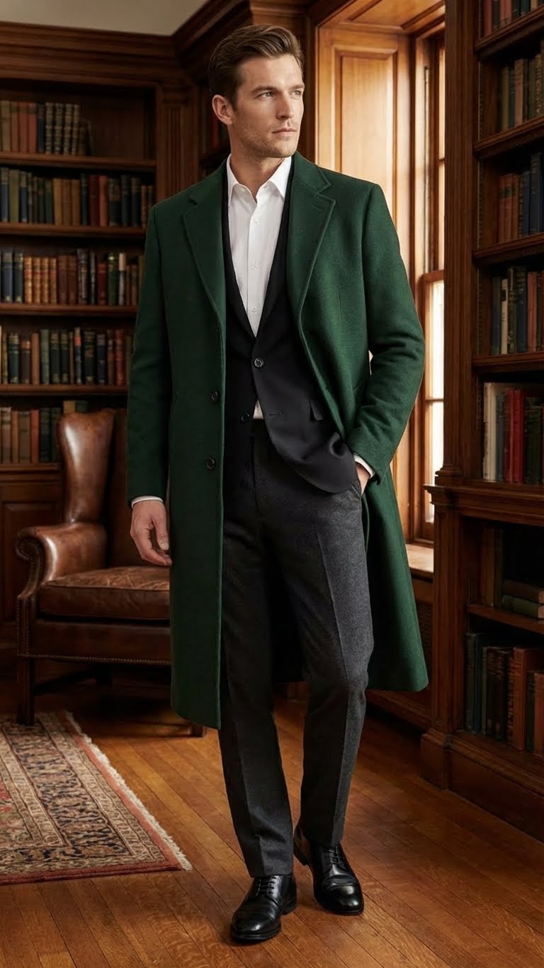 Mens Hunter Green Full-Length Wool Overcoat  Classic Winter Dress Coat for Formal and Casual Wear Topcoat Mens Wintercoat