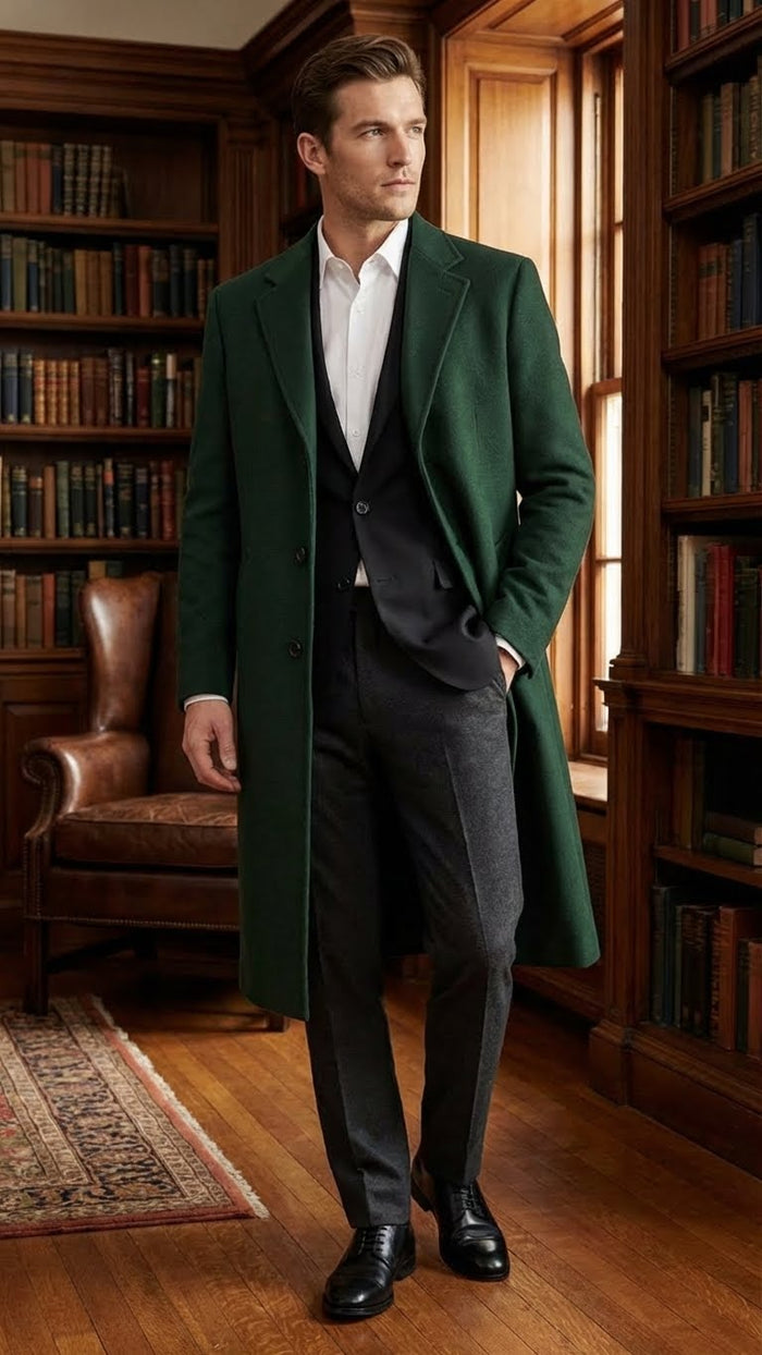 Mens Hunter Green Full-Length Wool Overcoat  Classic Winter Dress Coat for Formal and Casual Wear Topcoat Mens Wintercoat