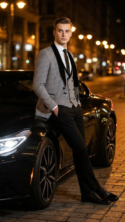 Mens Black and White Houndstooth Tuxedo Set with Velvet Shawl Lapel | 3-Piece Formal Suit with Double-Breasted Vest