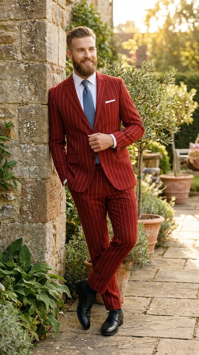 Men's Red Pinstripe Suit - Stripe Two-Button Vested Suit 2 Buttons