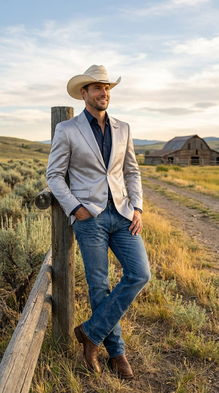 Men's Shiny Silver Cowboy Blazer – Western Style Satin Finish Blazer for Party, Country Events and Evening Wear