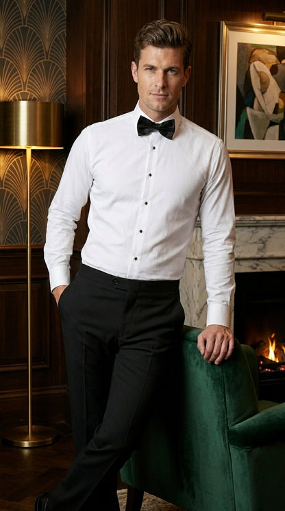 Men’s White Spread Collar Tuxedo Shirt with Plain Front, Formal Wedding Dress Shirt
