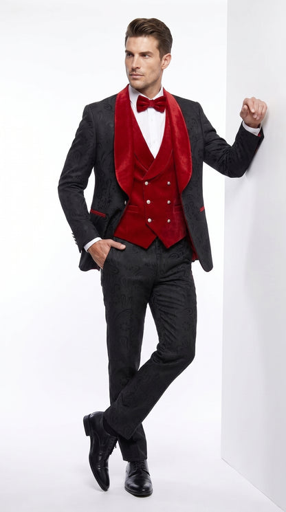 Men’s Black Paisley Tuxedo with Red Velvet Shawl Lapel – 3 Piece Wedding Prom Suit With Matching Bowtie