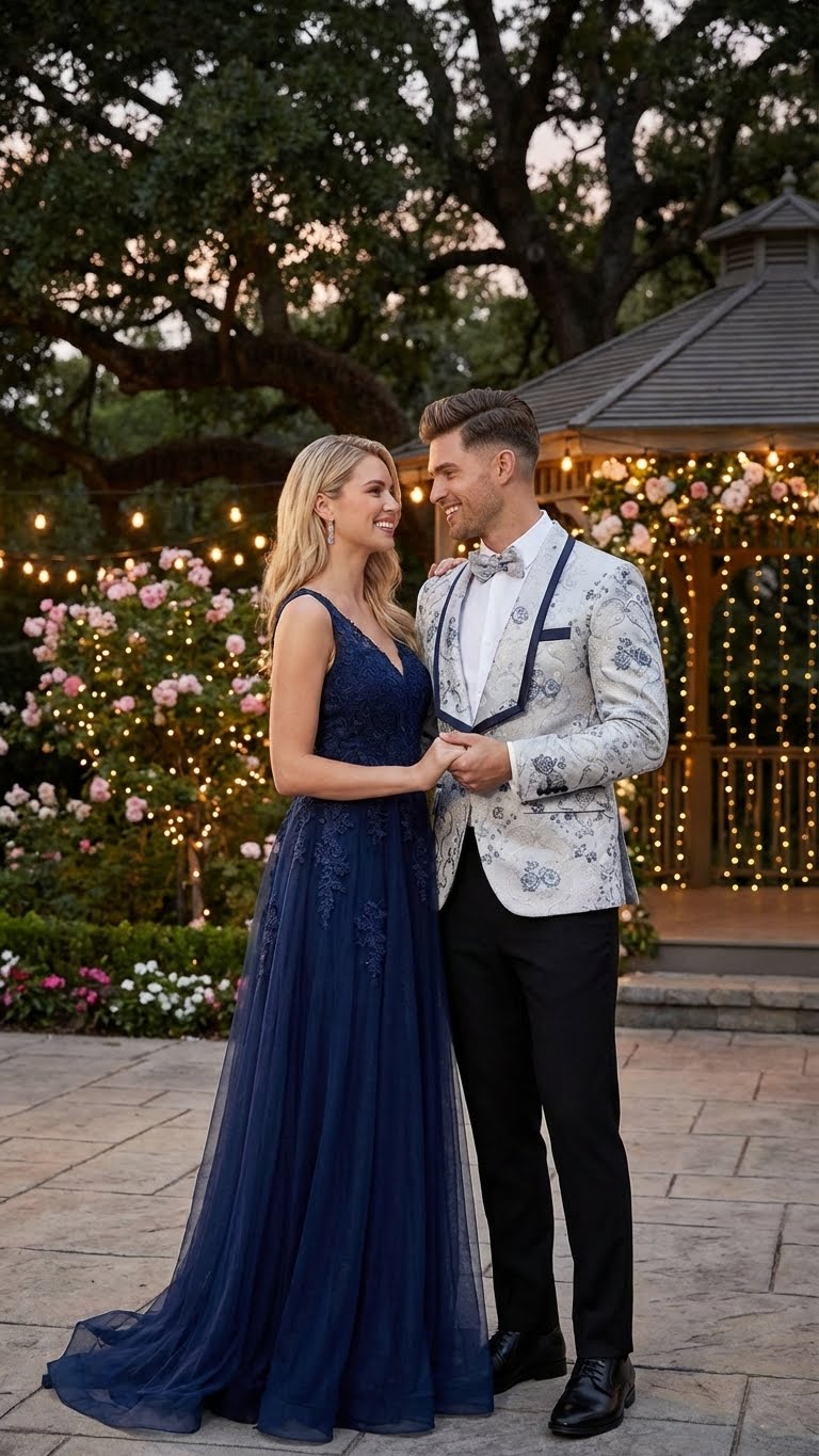 Mens White and Navy Blue Lapel  Floral Jacquard Blazer with Contrast Shawl Lapel  Luxury Wedding and Party Wear Jacket paisley Tuxedo Navy Pants