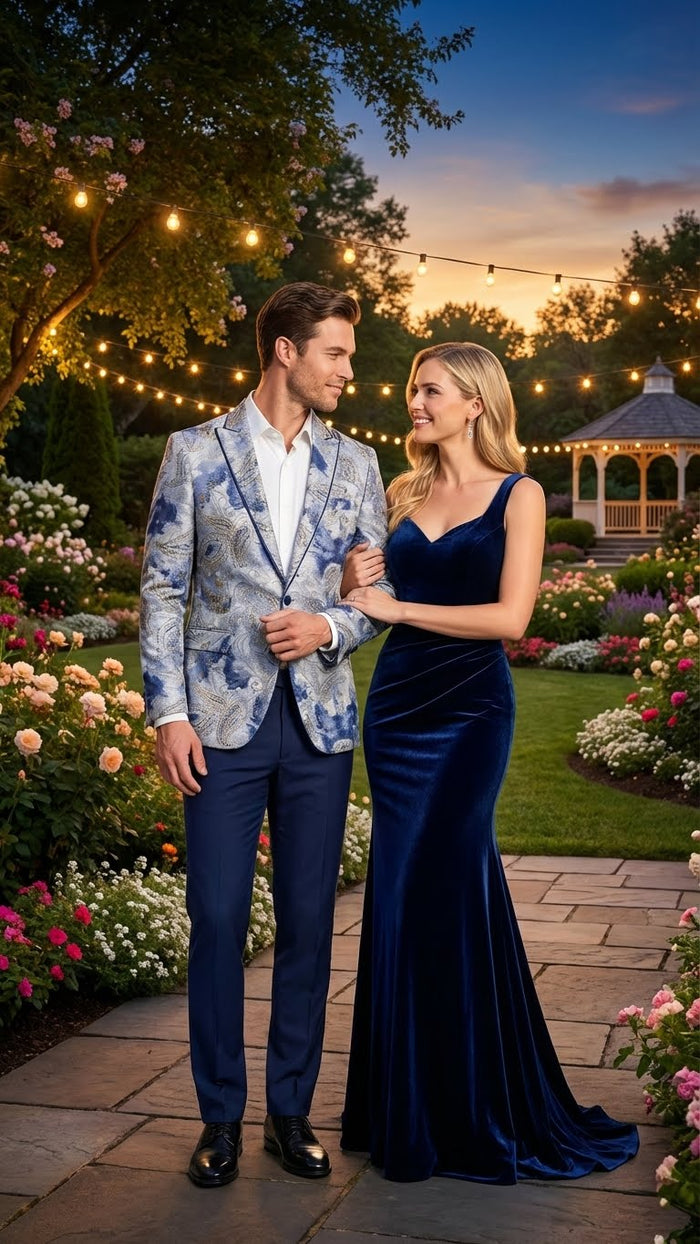 Mens Navy Blue and Gray Paisley Print Blazer Prom Jacket for Formal, Party, and Evening Wear