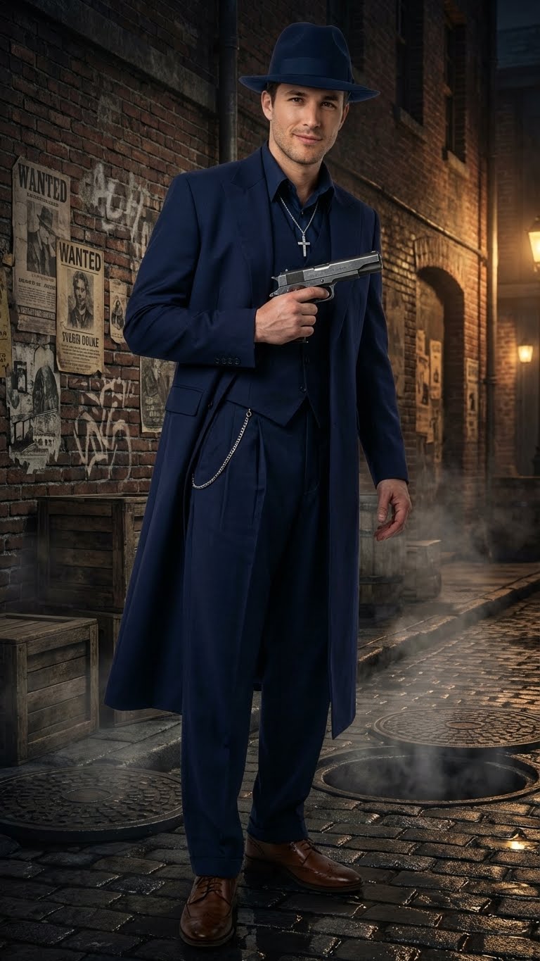 Mens Navy Blue 1920s Zoot Suit  Long Mafia Gangster Three-Piece Vintage Costume Set Zuit Pachuco Style