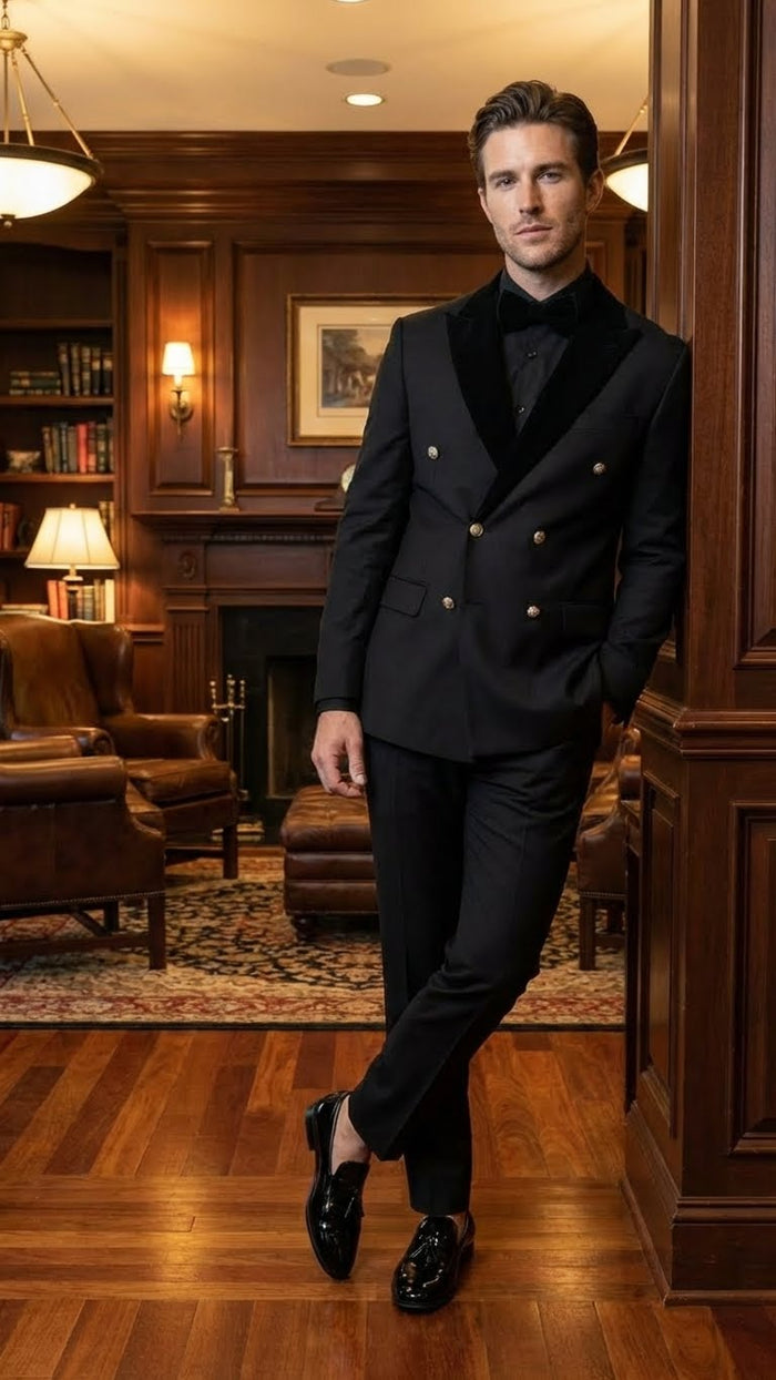 Men's Black Double Breasted Tuxedo Suit - Luxury Formal Dinner Jacket Gold Buttons Velvet Lapel