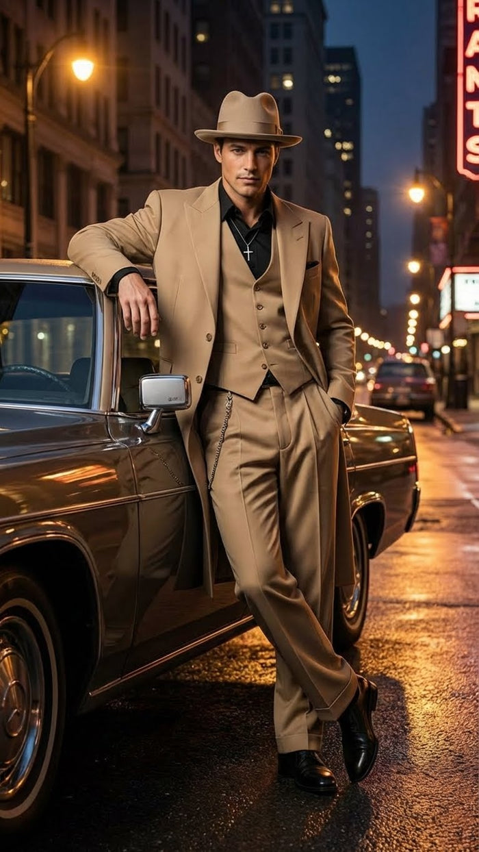 Mens 1920s Beige Zoot Suit  Long Mafia Gangster Three-Piece Suit in Tan Khaki Color 40 inch Zuit Pachuco Suit
