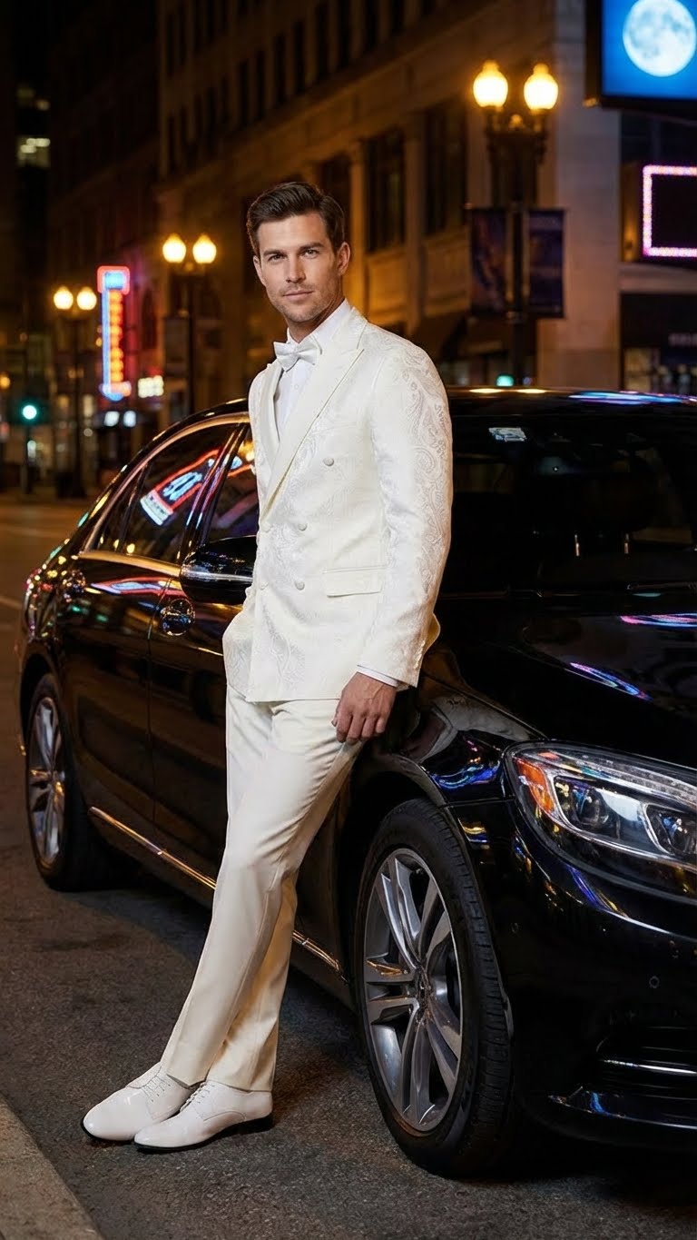 Mens Ivory Double Breasted Tuxedo Dinner Jacket  Textured Blazer Paisley Texture Pattern in Off White Cream Color  Bowtie