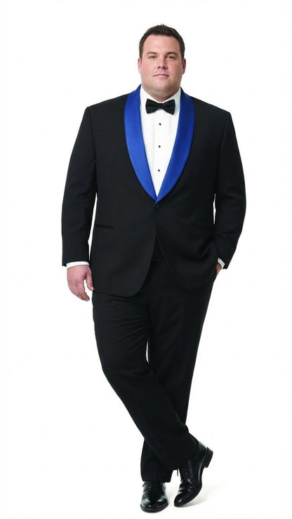 Black Tux With Royal Blue Men's Black Tuxedo With Royal Blue Shawl Lapel, Formal Dinner Jacket Suit Pants For Weddings, Proms And Black-Tie Events Black Tux With Royal Blue Men's Black Tuxedo With Royal Blue Shawl Lapel, Formal Dinner Jacket Suit Pants For Weddings, Proms And Black-Tie Events