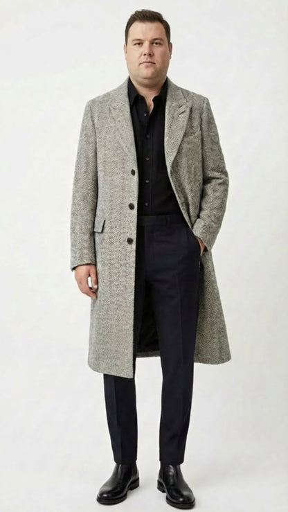 Mens Grey Herringbone Long Overcoat  Tweed Black and White Pattern Wool Topcoat Three Qaurter