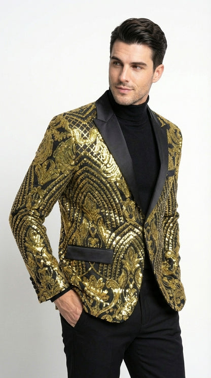 Mens Black and Gold Pattern Blazer – Gold Floral Luxury Formal Blazer Jacket for Prom, Wedding and Party Slim Fitted