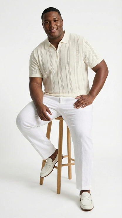 Mens Cream Ivory Off White Knit Walking Suit Set – Lightweight Short Sleeve Shirt and Pants Outfit for Summer, Vacation and Casual Style
