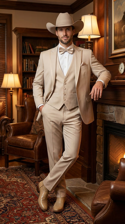 Mens Beige Tan Khaki CowboyTuxedo Suit – Western Formal Three Piece Suit with Jacket Vest and Pants
