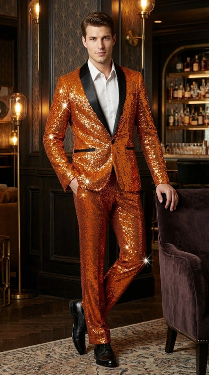 Mens Orange Sequin Tuxedo Suit – Shiny Wedding Suit Set with Black Lapel for Prom, Party, Gala and Formal Evening Wear - Goldish Orange