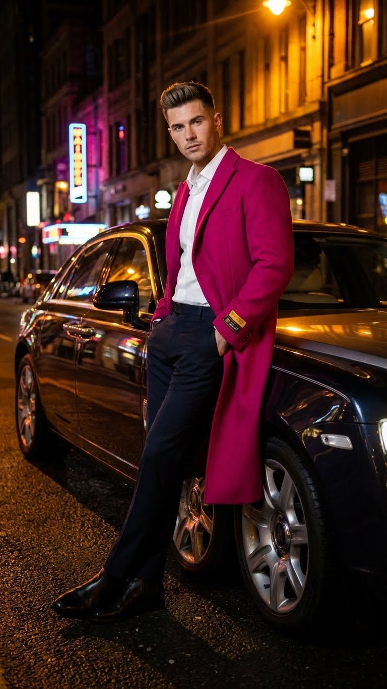 Mens Hot Pink Wool Blend Overcoat  Topcoat Carcoat Winter Fabric