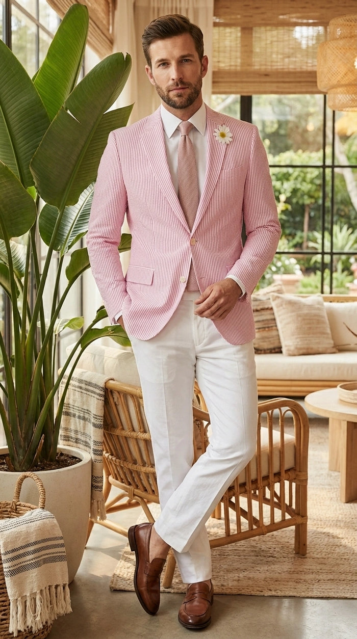 Men's Pink Seersucker Blazer – Lightweight Striped Summer Sport Coat Casual Smart Formal Jacket