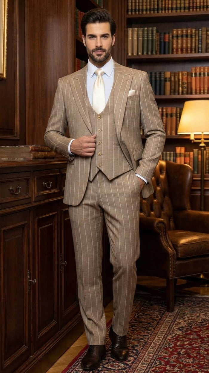 Men's Beige Pinstripe Three-Piece Vested Suit  Tailored Fit  Business Attire in Tan Stripe by Rossiman