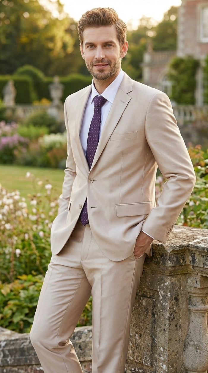 Men’s Champagne Tan Sharkskin 2 Button Suit – Glossy Formal Suit with Optional Vest for Wedding, Prom, Business Beige Color