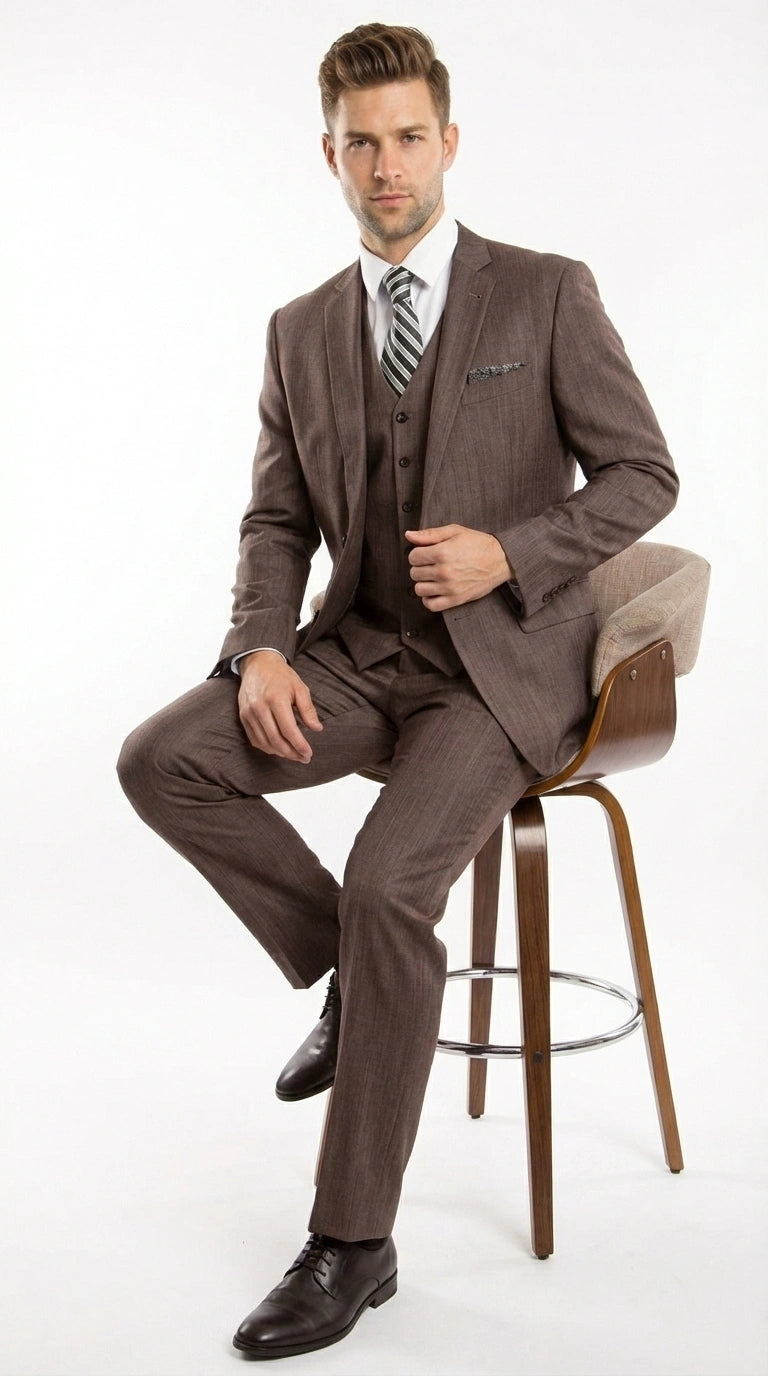 Men’s Brown Sharkskin 3 Piece Suit – Textured Two Button Vested Business Formal Suit for Wedding, Party Wear Elegant