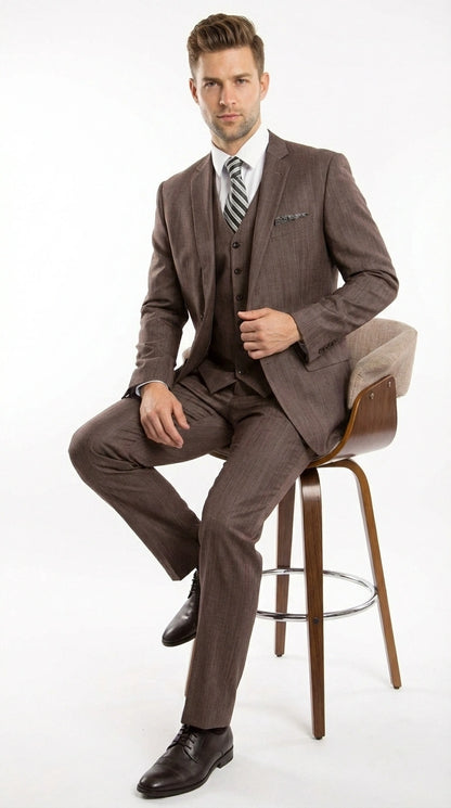 Men’s Brown Sharkskin 3 Piece Suit – Textured Two Button Vested Business Formal Suit for Wedding, Party Wear Elegant