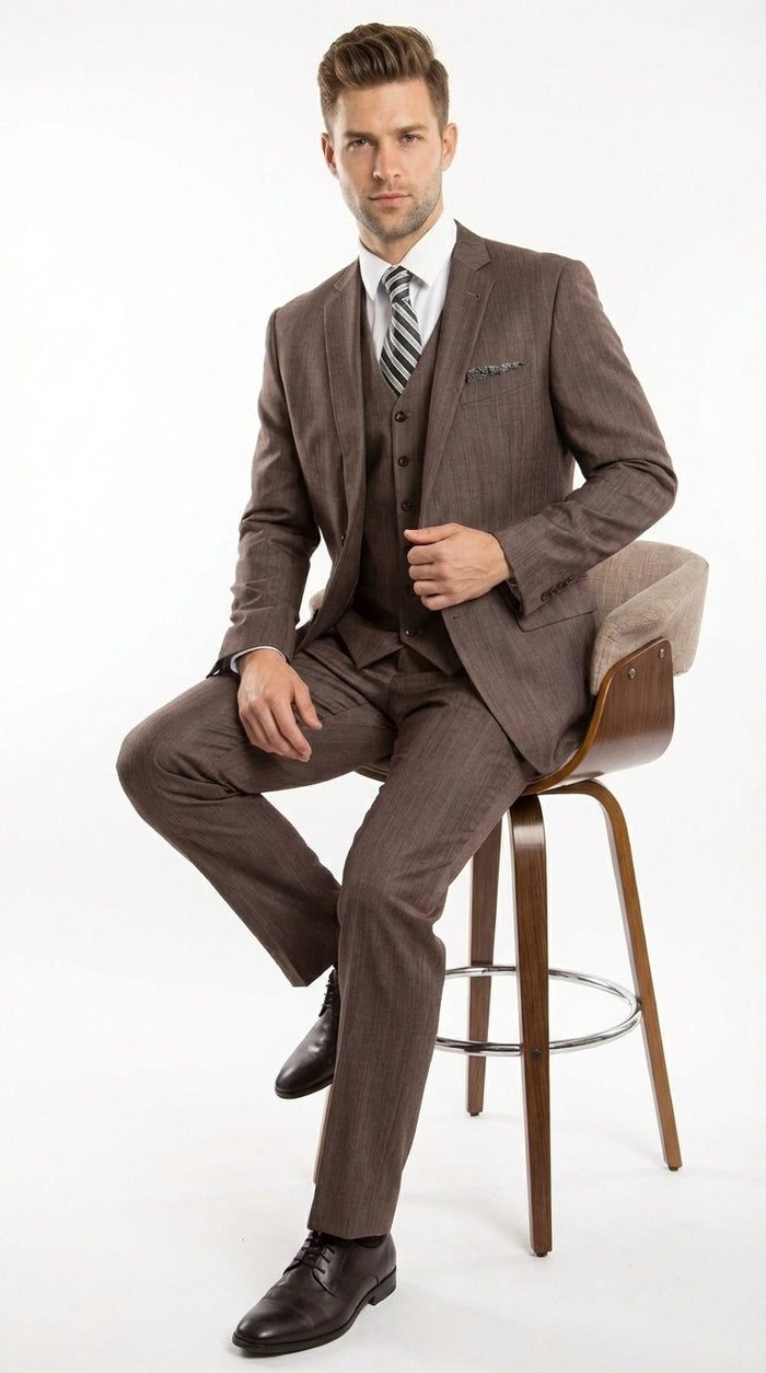 Men’s Brown Sharkskin 3 Piece Suit – Textured Two Button Vested Business Formal Suit for Wedding, Party Wear Elegant