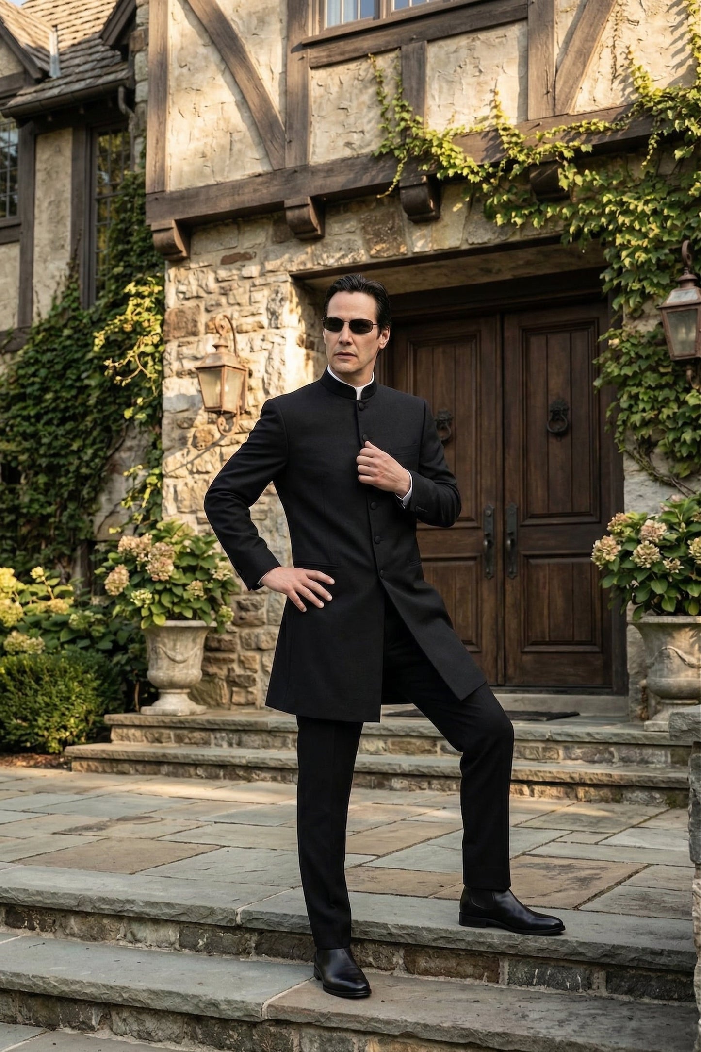 Men’s Black Coat Matrix Keanu Reeves Inspired Long Coat – Classic Mandarin Collar Formal Overcoat, Stylish Winter Trench Coat, Neo Style Jacket