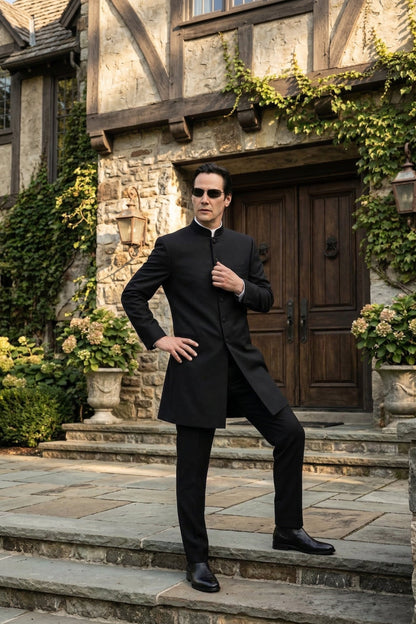 Men’s Black Coat Matrix Keanu Reeves Inspired Long Coat – Classic Mandarin Collar Formal Overcoat, Stylish Winter Trench Coat, Neo Style Jacket