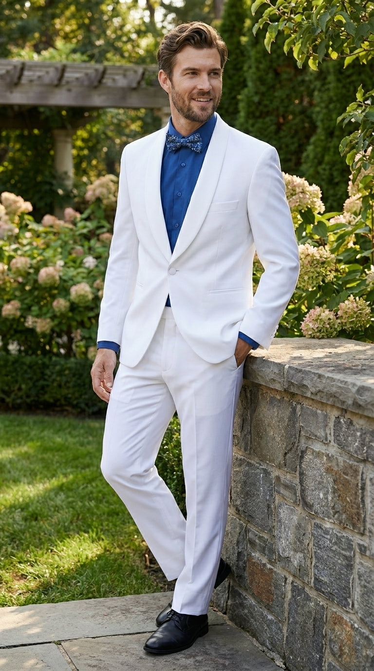 Men’s White Classic Microfiber Shawl Tuxedo with Jacket and Pants, Formal Wedding Dinner Suit