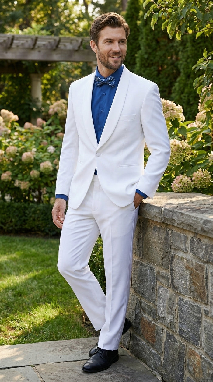 Men’s White Classic Microfiber Shawl Tuxedo with Jacket and Pants, Formal Wedding Dinner Suit