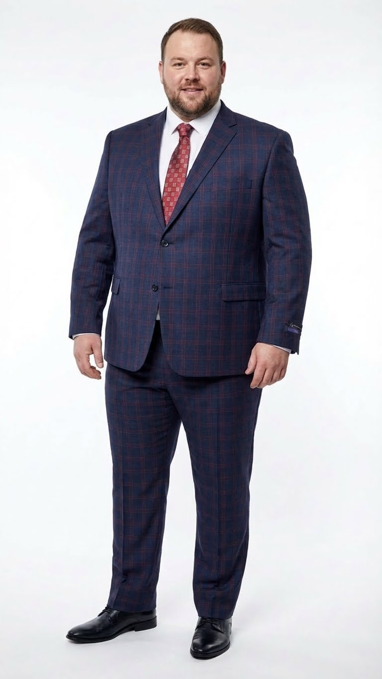 Mens Navy Blue and Burgundy Checkered Two-Piece Suit Plaid Windowpane  Flat Front Pants or Pleated Wide Leg Pants - 100% Wool