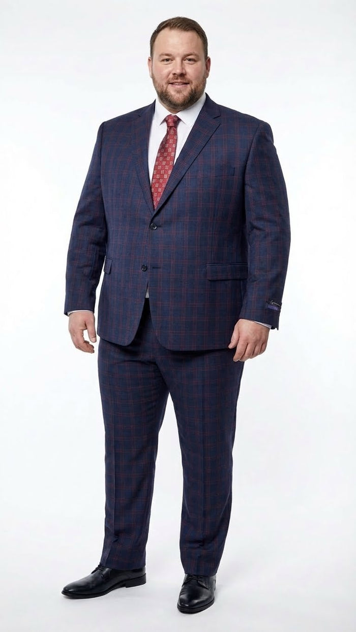 Mens Navy Blue and Burgundy Checkered Two-Piece Suit Plaid Windowpane  Flat Front Pants or Pleated Wide Leg Pants - 100% Wool